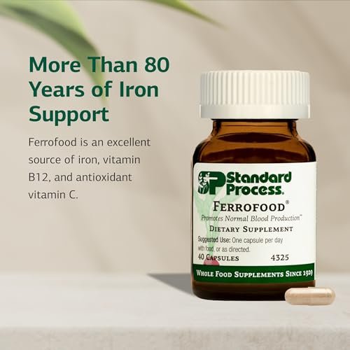 Standard Process Ferrofood – Eisenpräparat zur Unterstützung der normalen Blutbildung – Fördert die Eisenaufnahme mit Vitamin C – Nahrungsergänzungsmittel mit Alfalfa, Spanischem Moos, Vitamin B12 & mehr – 40 Kapseln