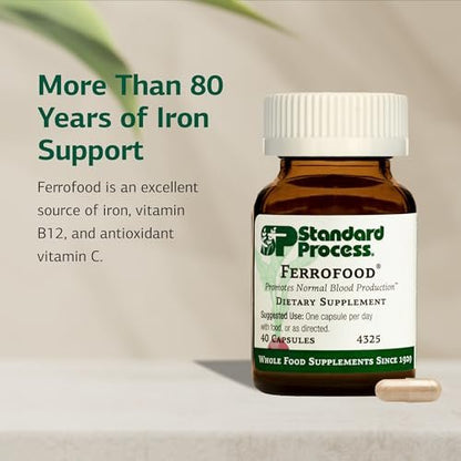 Standard Process Ferrofood – Eisenpräparat zur Unterstützung der normalen Blutbildung – Fördert die Eisenaufnahme mit Vitamin C – Nahrungsergänzungsmittel mit Alfalfa, Spanischem Moos, Vitamin B12 & mehr – 40 Kapseln