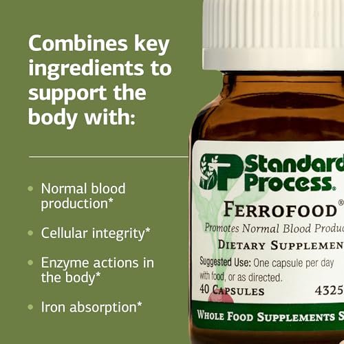 Standard Process Ferrofood – Eisenpräparat zur Unterstützung der normalen Blutbildung – Fördert die Eisenaufnahme mit Vitamin C – Nahrungsergänzungsmittel mit Alfalfa, Spanischem Moos, Vitamin B12 & mehr – 40 Kapseln