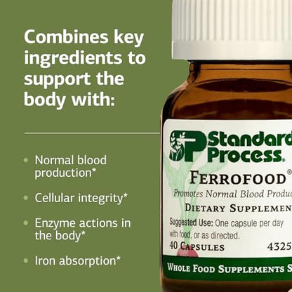 Standard Process Ferrofood – Eisenpräparat zur Unterstützung der normalen Blutbildung – Fördert die Eisenaufnahme mit Vitamin C – Nahrungsergänzungsmittel mit Alfalfa, Spanischem Moos, Vitamin B12 & mehr – 40 Kapseln
