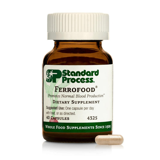 Standard Process Ferrofood – Eisenpräparat zur Unterstützung der normalen Blutbildung – Fördert die Eisenaufnahme mit Vitamin C – Nahrungsergänzungsmittel mit Alfalfa, Spanischem Moos, Vitamin B12 & mehr – 40 Kapseln