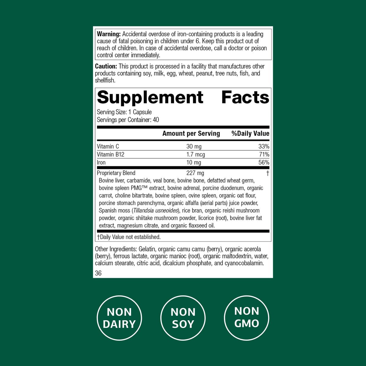 Standard Process Ferrofood – Eisenpräparat zur Unterstützung der normalen Blutbildung – Fördert die Eisenaufnahme mit Vitamin C – Nahrungsergänzungsmittel mit Alfalfa, Spanischem Moos, Vitamin B12 & mehr – 40 Kapseln