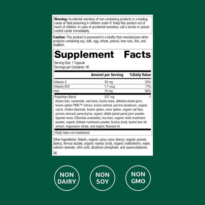 Standard Process Ferrofood – Eisenpräparat zur Unterstützung der normalen Blutbildung – Fördert die Eisenaufnahme mit Vitamin C – Nahrungsergänzungsmittel mit Alfalfa, Spanischem Moos, Vitamin B12 & mehr – 40 Kapseln