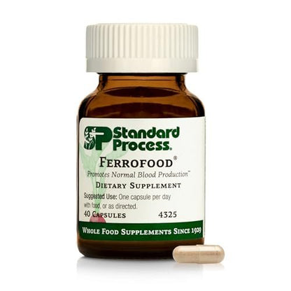 Standard Process Ferrofood – Eisenpräparat zur Unterstützung der normalen Blutbildung – Fördert die Eisenaufnahme mit Vitamin C – Nahrungsergänzungsmittel mit Alfalfa, Spanischem Moos, Vitamin B12 & mehr – 40 Kapseln