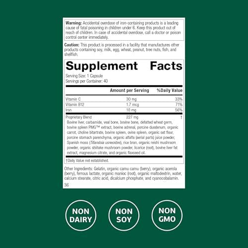 Standard Process Ferrofood – Eisenpräparat zur Unterstützung der normalen Blutbildung – Fördert die Eisenaufnahme mit Vitamin C – Nahrungsergänzungsmittel mit Alfalfa, Spanischem Moos, Vitamin B12 & mehr – 40 Kapseln