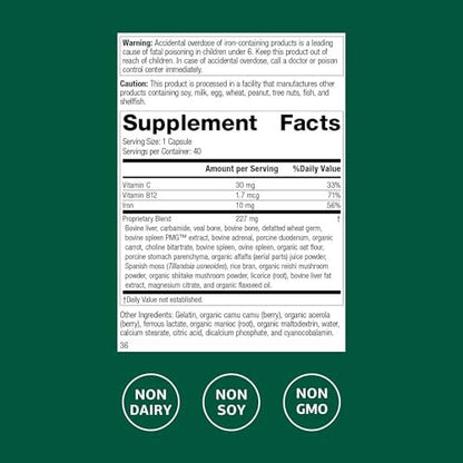 Standard Process Ferrofood – Eisenpräparat zur Unterstützung der normalen Blutbildung – Fördert die Eisenaufnahme mit Vitamin C – Nahrungsergänzungsmittel mit Alfalfa, Spanischem Moos, Vitamin B12 & mehr – 40 Kapseln
