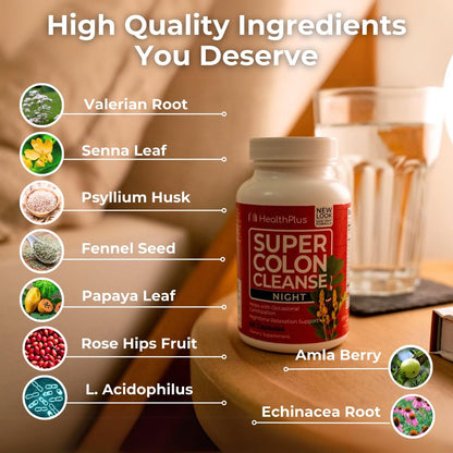 Health Plus Super Colon Cleanse Nachtformel – 60 Kapseln für Verdauungsunterstützung, Verstopfungslinderung und Blähungen Reduzierung mit Probiotika und Baldrianwurzel