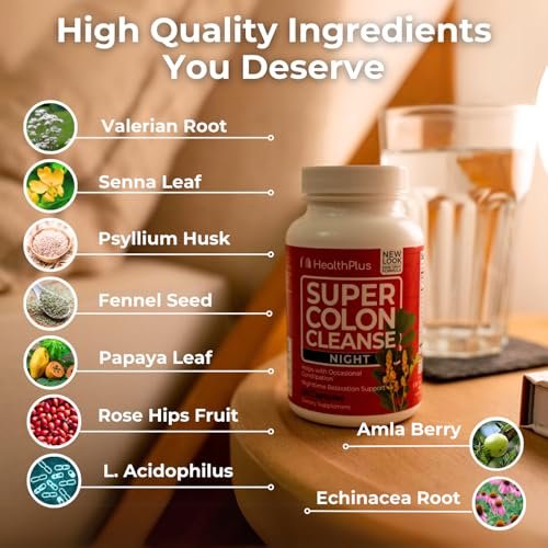 Health Plus Super Colon Cleanse Nachtformel – 60 Kapseln für Verdauungsunterstützung, Verstopfungslinderung und Blähungen Reduzierung mit Probiotika und Baldrianwurzel