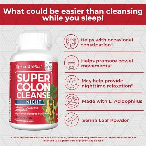Health Plus Super Colon Cleanse Nachtformel – 60 Kapseln für Verdauungsunterstützung, Verstopfungslinderung und Blähungen Reduzierung mit Probiotika und Baldrianwurzel