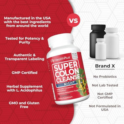 Health Plus Super Colon Cleanse Nachtformel – 60 Kapseln für Verdauungsunterstützung, Verstopfungslinderung und Blähungen Reduzierung mit Probiotika und Baldrianwurzel
