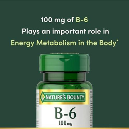 Nature's Bounty Vitamin B6 100mg Tabletten – Unterstützt den Energiestoffwechsel und die Gesundheit des Nervensystems, 100 Stück