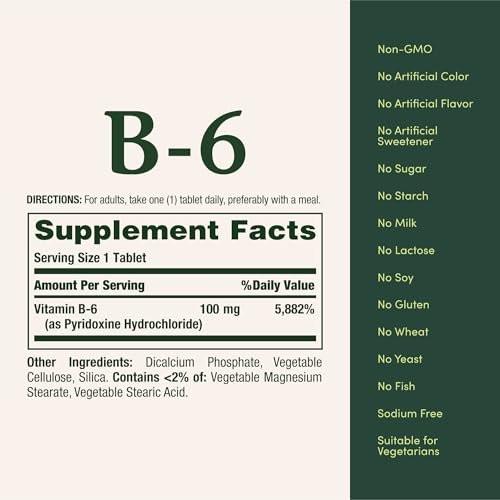 Nature's Bounty Vitamin B6 100mg Tabletten – Unterstützt den Energiestoffwechsel und die Gesundheit des Nervensystems, 100 Stück