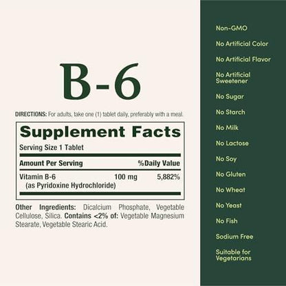 Nature's Bounty Vitamin B6 100mg Tabletten – Unterstützt den Energiestoffwechsel und die Gesundheit des Nervensystems, 100 Stück
