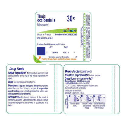 Boiron Thuja Occidentalis 30C Homöopathisches Mittel zur schmerzfreien Warzenentfernung - 80 Kügelchen