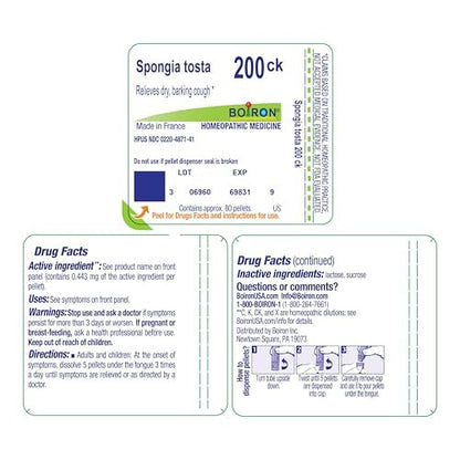 Boiron Spongia Tosta 6C Homöopathisches Mittel bei trockenem Husten, Krupphusten, bellendem Husten oder Heiserkeit – 3 Packungen (240 Kügelchen)