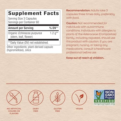Nature's Way Echinacea Purpurea Kraut – Traditionelles pflanzliches Nahrungsergänzungsmittel zur Unterstützung des Immunsystems*, 180 Kapseln, 1200 mg pro 3-Kapsel-Portion, Non-GMO Project verifiziert