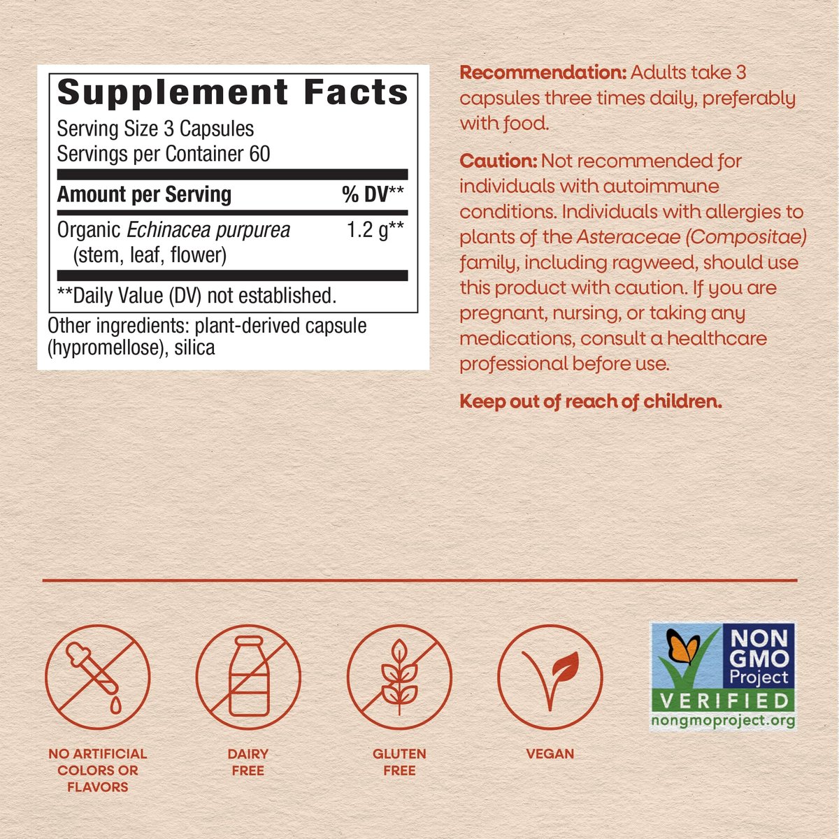 Nature's Way Echinacea Purpurea Kraut – Traditionelles pflanzliches Nahrungsergänzungsmittel zur Unterstützung des Immunsystems*, 180 Kapseln, 1200 mg pro 3-Kapsel-Portion, Non-GMO Project verifiziert