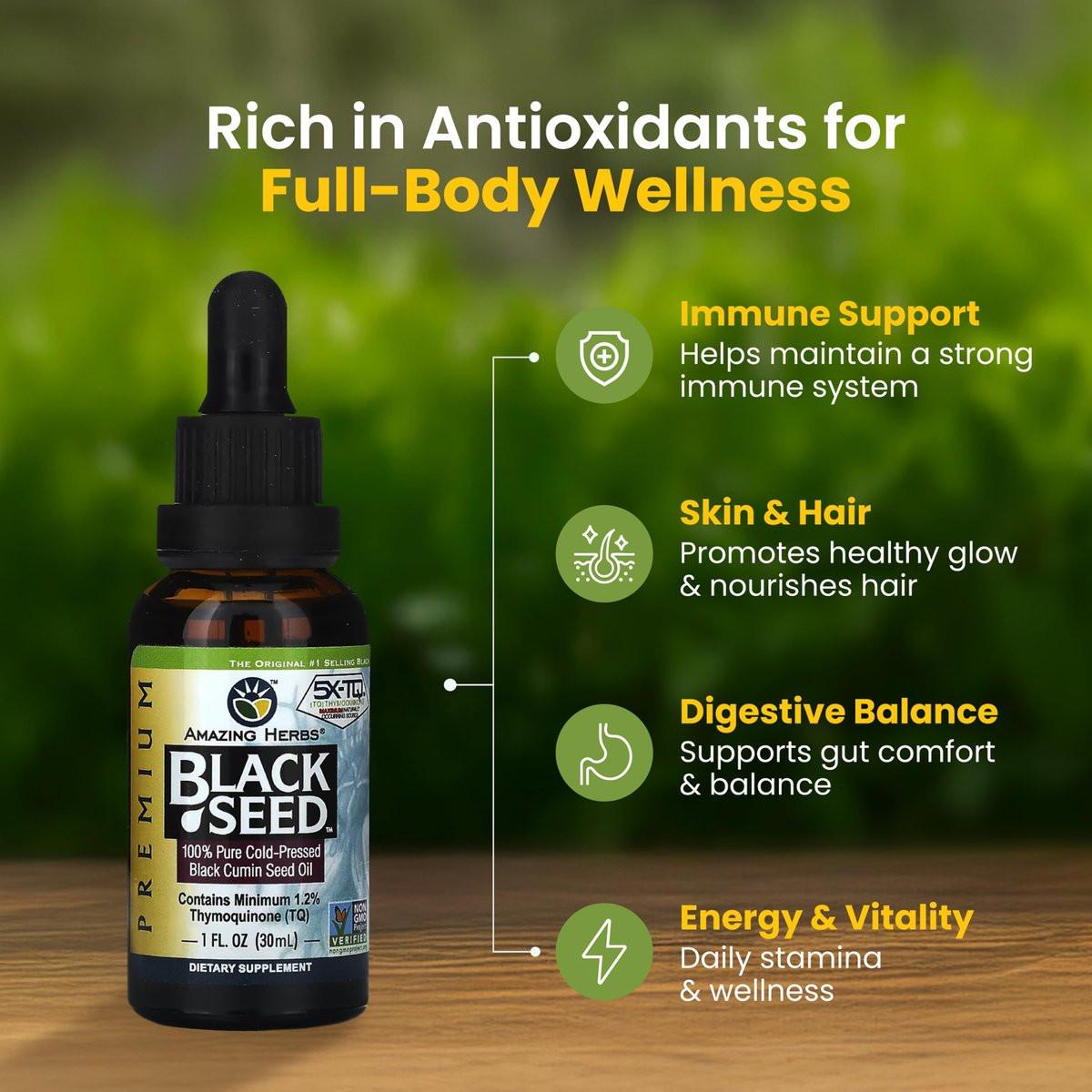 Amazing Herbs Premium Schwarzkümmelöl - Kaltgepresstes Nigella Sativa Öl für Verdauungsgesundheit, Immununterstützung, Gehirnfunktion, Gelenkbeweglichkeit, Glutenfrei, Nicht-GVO - 30 ml