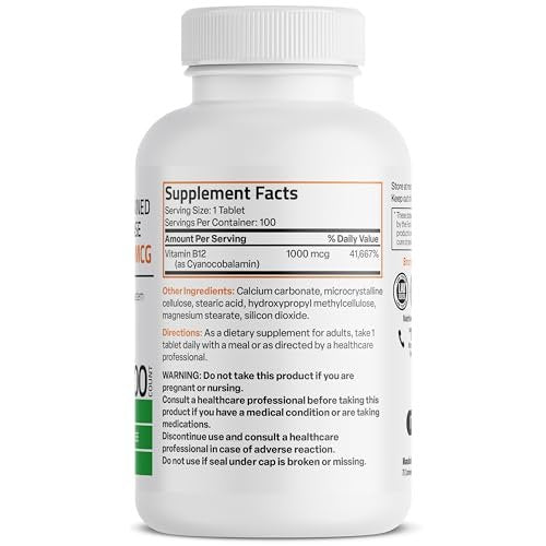 Bronson Vitamin B12 1000 mcg – Hochdosiert & langanhaltend – 100 Tabletten – Unterstützt Nervensystem, Gehirnfunktion & Energieproduktion – Non-GMO