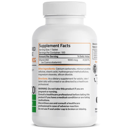 Bronson Vitamin B12 1000 mcg – Hochdosiert & langanhaltend – 100 Tabletten – Unterstützt Nervensystem, Gehirnfunktion & Energieproduktion – Non-GMO