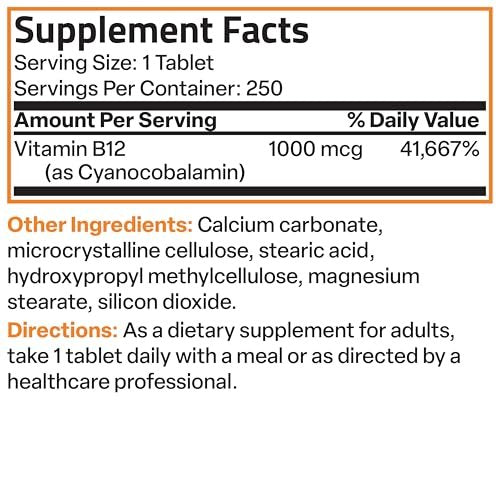 Bronson Vitamin B12 1000 mcg Depot-Tabletten – Premium, Non-GMO, unterstützt Nervensystem, Gehirnfunktion und Energieproduktion, 250 Stück