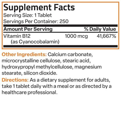Bronson Vitamin B12 1000 mcg Depot-Tabletten – Premium, Non-GMO, unterstützt Nervensystem, Gehirnfunktion und Energieproduktion, 250 Stück