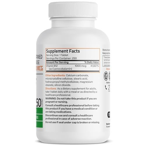 Bronson Vitamin B12 1000 mcg Depot-Tabletten – Premium, Non-GMO, unterstützt Nervensystem, Gehirnfunktion und Energieproduktion, 250 Stück