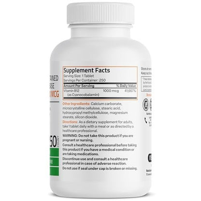 Bronson Vitamin B12 1000 mcg Depot-Tabletten – Premium, Non-GMO, unterstützt Nervensystem, Gehirnfunktion und Energieproduktion, 250 Stück