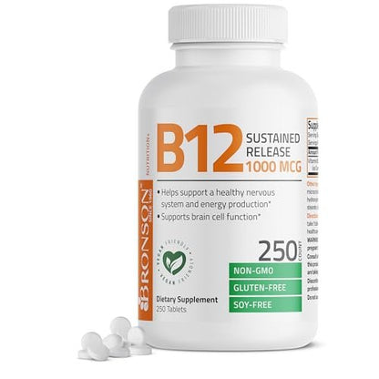 Bronson Vitamin B12 1000 mcg Depot-Tabletten – Premium, Non-GMO, unterstützt Nervensystem, Gehirnfunktion und Energieproduktion, 250 Stück