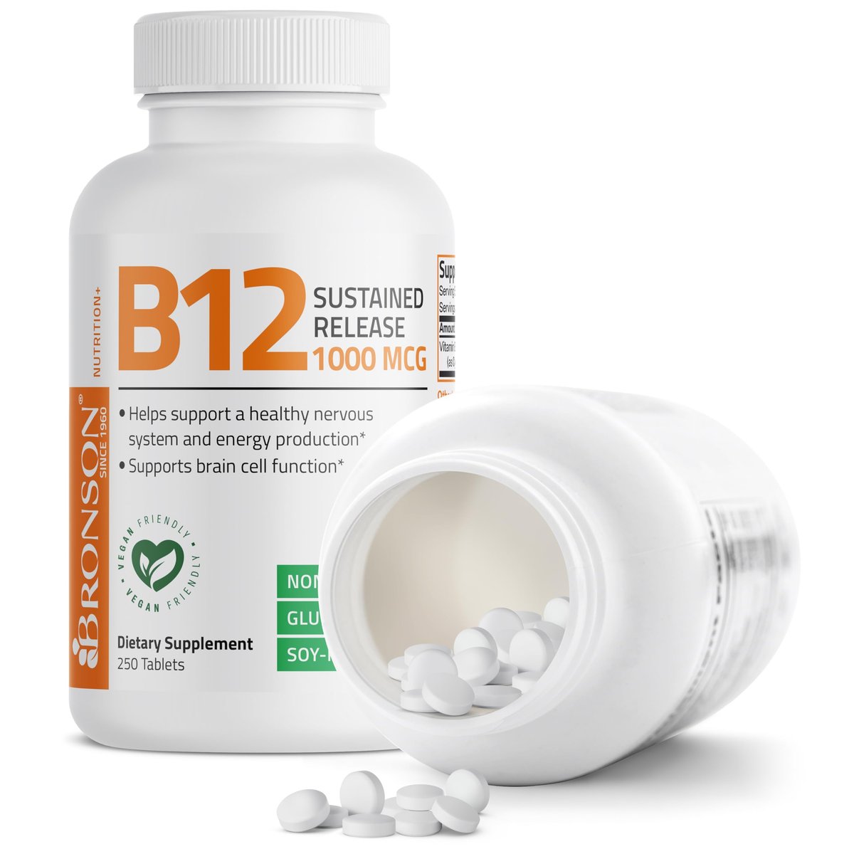 Bronson Vitamin B12 1000 mcg Depot-Tabletten – Premium, Non-GMO, unterstützt Nervensystem, Gehirnfunktion und Energieproduktion, 250 Stück