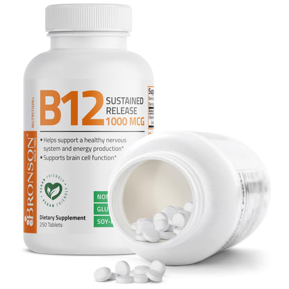 Bronson Vitamin B12 1000 mcg Depot-Tabletten – Premium, Non-GMO, unterstützt Nervensystem, Gehirnfunktion und Energieproduktion, 250 Stück