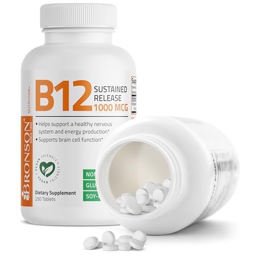 Bronson Vitamin B12 1000 mcg Depot-Tabletten – Premium, Non-GMO, unterstützt Nervensystem, Gehirnfunktion und Energieproduktion, 250 Stück