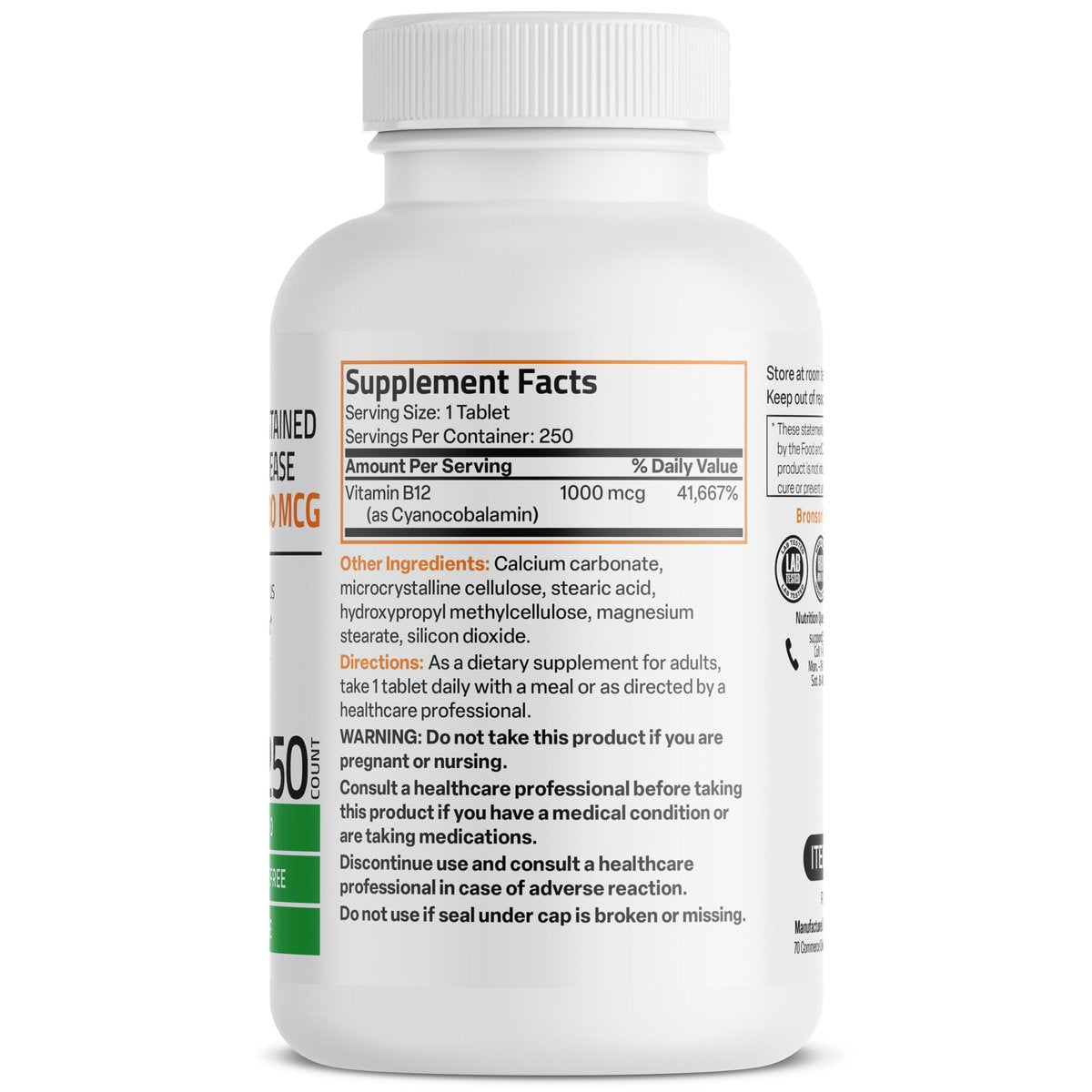 Bronson Vitamin B12 1000 mcg Depot-Tabletten – Premium, Non-GMO, unterstützt Nervensystem, Gehirnfunktion und Energieproduktion, 250 Stück