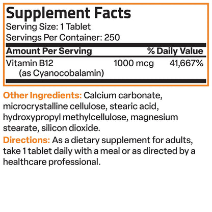 Bronson Vitamin B12 1000 mcg Depot-Tabletten – Premium, Non-GMO, unterstützt Nervensystem, Gehirnfunktion und Energieproduktion, 250 Stück