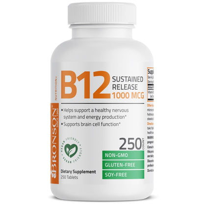 Bronson Vitamin B12 1000 mcg Depot-Tabletten – Premium, Non-GMO, unterstützt Nervensystem, Gehirnfunktion und Energieproduktion, 250 Stück