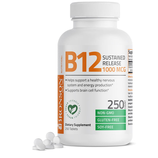 Bronson Vitamin B12 1000 mcg Depot-Tabletten – Premium, Non-GMO, unterstützt Nervensystem, Gehirnfunktion und Energieproduktion, 250 Stück