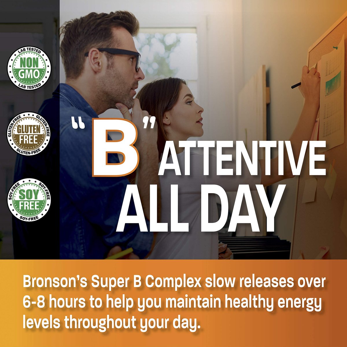 Bronson Super B Vitamin B Komplex mit langsamer Freisetzung – Alle B-Vitamine (B1, B2, B3, B6, B9 Folsäure, B12) – 100 Tabletten