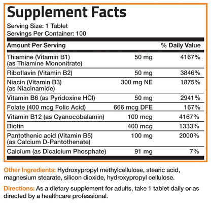 Bronson Super B Vitamin B Komplex mit langsamer Freisetzung – Alle B-Vitamine (B1, B2, B3, B6, B9 Folsäure, B12) – 100 Tabletten
