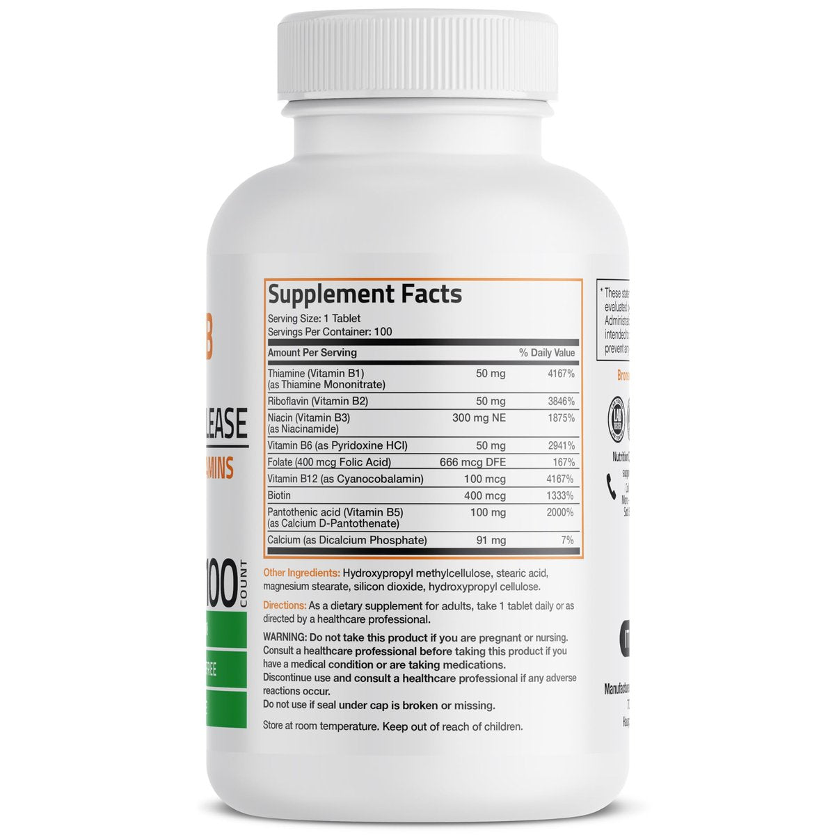 Bronson Super B Vitamin B Komplex mit langsamer Freisetzung – Alle B-Vitamine (B1, B2, B3, B6, B9 Folsäure, B12) – 100 Tabletten