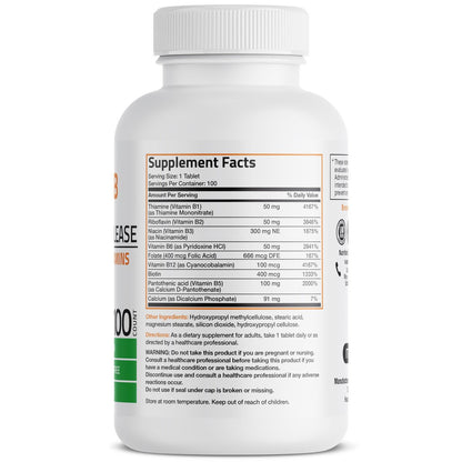 Bronson Super B Vitamin B Komplex mit langsamer Freisetzung – Alle B-Vitamine (B1, B2, B3, B6, B9 Folsäure, B12) – 100 Tabletten