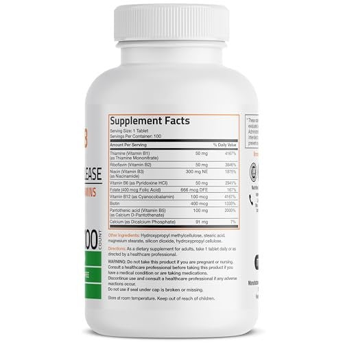 Bronson Super B Vitamin B Komplex mit langsamer Freisetzung – Alle B-Vitamine (B1, B2, B3, B6, B9 Folsäure, B12) – 100 Tabletten