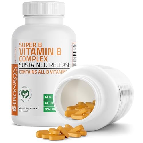Bronson Super B Vitamin B Komplex mit langsamer Freisetzung – Alle B-Vitamine (B1, B2, B3, B6, B9 Folsäure, B12) – 100 Tabletten