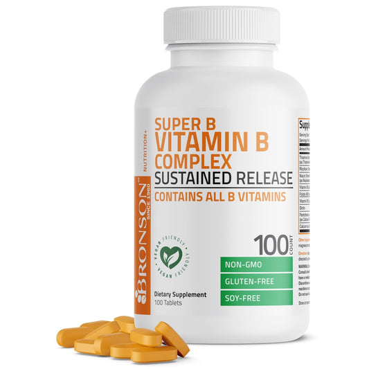 Bronson Super B Vitamin B Komplex mit langsamer Freisetzung – Alle B-Vitamine (B1, B2, B3, B6, B9 Folsäure, B12) – 100 Tabletten