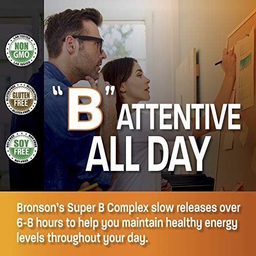 Bronson Super B Vitamin B Komplex mit langsamer Freisetzung – Alle B-Vitamine (B1, B2, B3, B6, B9 Folsäure, B12) – 100 Tabletten