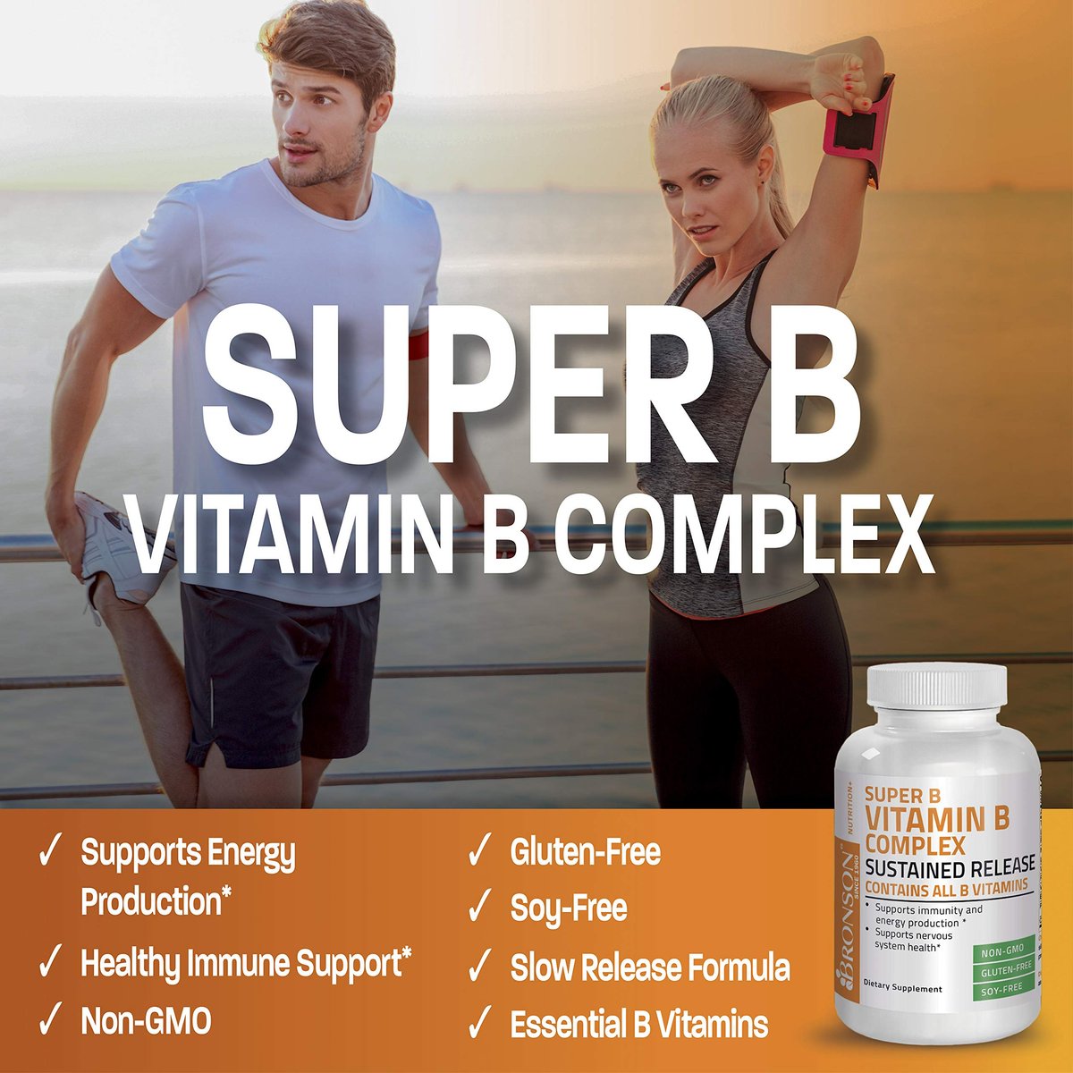 Bronson Super B Vitamin B Komplex mit langsamer Freisetzung – Alle B-Vitamine (B1, B2, B3, B6, B9 Folsäure, B12) – 100 Tabletten
