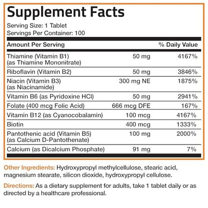 Bronson Super B Vitamin B Komplex mit langsamer Freisetzung – Alle B-Vitamine (B1, B2, B3, B6, B9 Folsäure, B12) – 100 Tabletten