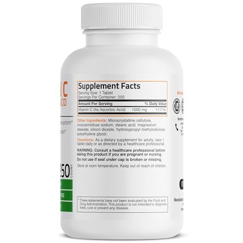 Bronson Vitamin C 1000 mg – Premium Non-GMO Ascorbinsäure Tabletten, 250 Stück