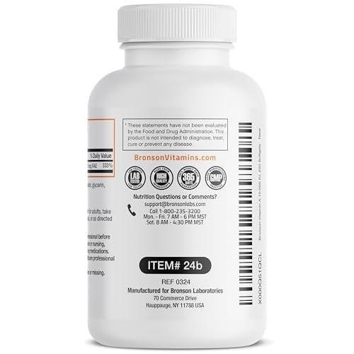 Bronson Vitamin A 10.000 IE – Hochdosiertes Vitamin A für Sehkraft, Immunsystem & Zellwachstum – 250 Softgels, Non-GMO