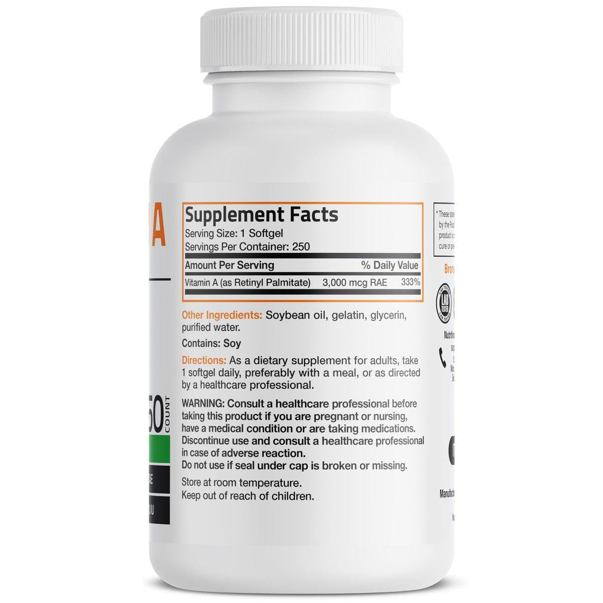 Bronson Vitamin A 10.000 IE – Hochdosiertes Vitamin A für Sehkraft, Immunsystem & Zellwachstum – 250 Softgels, Non-GMO
