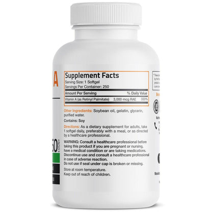 Bronson Vitamin A 10.000 IE – Hochdosiertes Vitamin A für Sehkraft, Immunsystem & Zellwachstum – 250 Softgels, Non-GMO